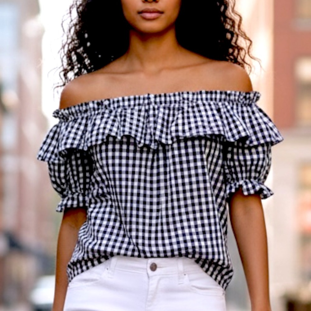 Vineyard Vines Gingham Off Shoulder Top XS Black White Smocked Ruffle
